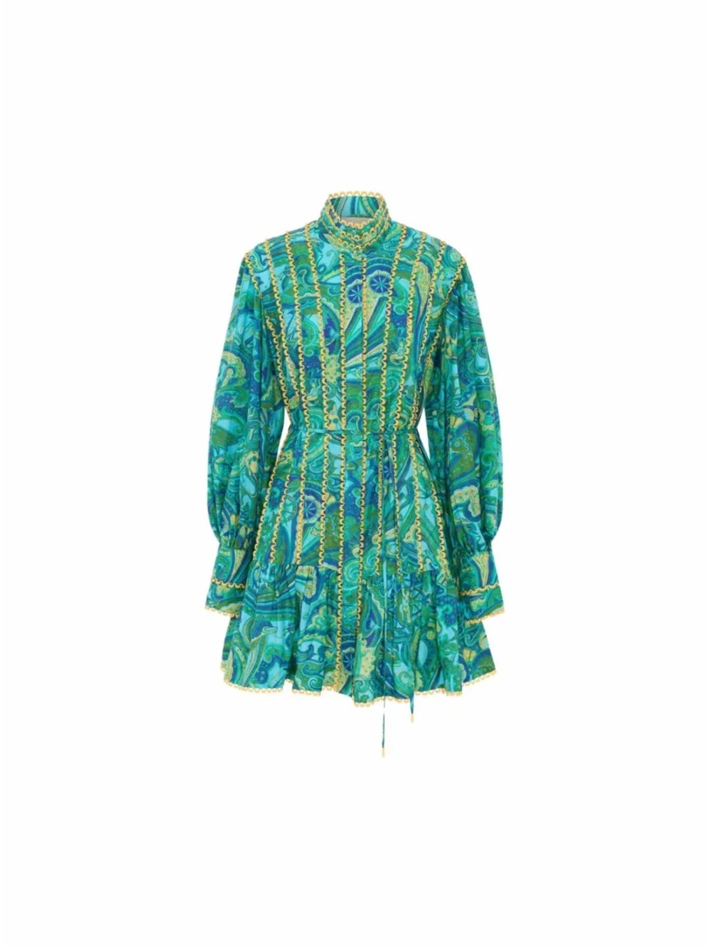 Alemais Teal Paisley Long-Sleeve Mini Dress with Trim